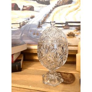 Vintage Egg Shaped Pressed Crystal Covered Candy Dish — Footed Pedestal, 9" Tall